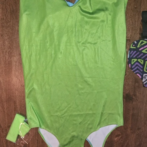 Spirit Neon Green 80's Aerobics Outfit Fanny Pack Unitard Sweatband L/XL - Picture 6 of 6